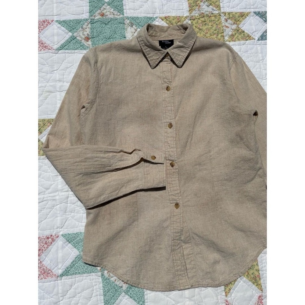 Vintage Beige Linen Cotton Button Up Blouse Top Large (Fits Medium) Lagenlook